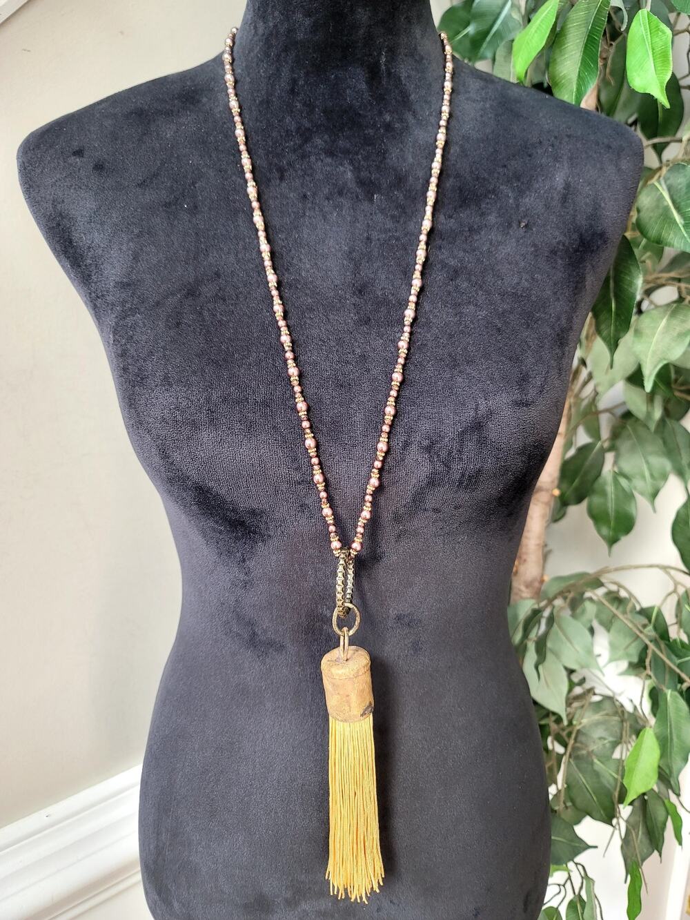 Bronze Tone Beaded Long Necklace Mustard Gold Tassel Pendant Boho Jewelry